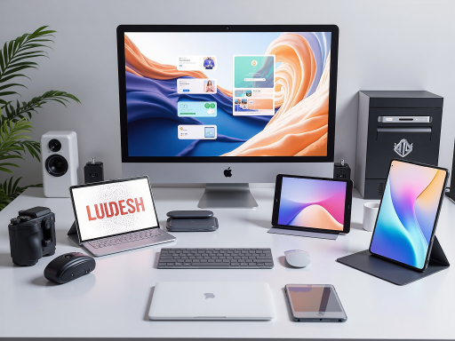 High quality electronic gadgets displayed on clean white surface, including smartphones, tablets, and accessories with modern lighting